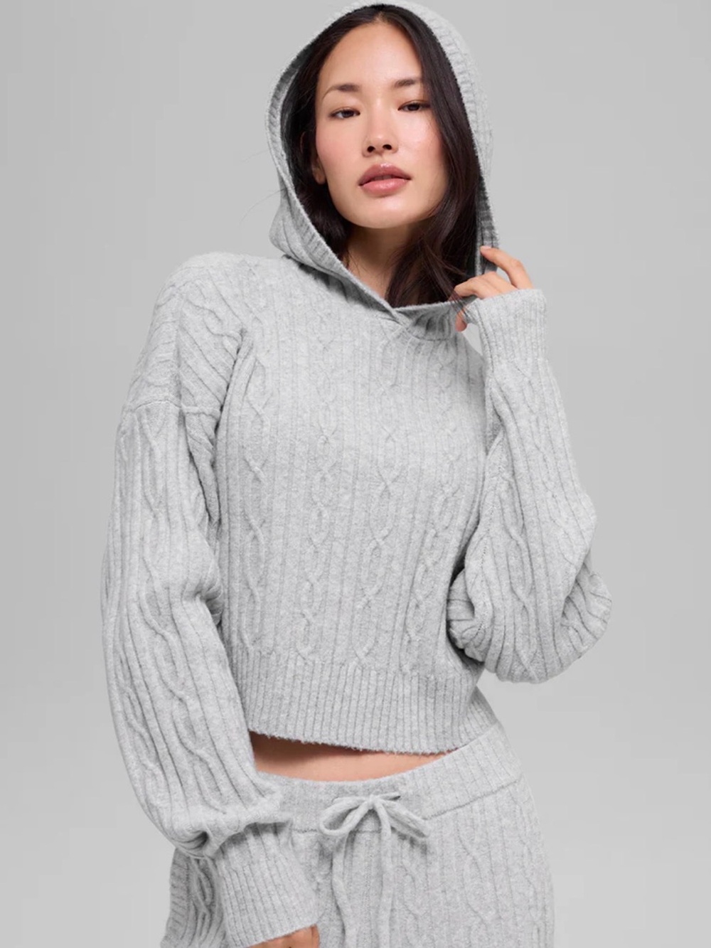 ALO Yoga Gray Cable-Knit Hooded Sweater